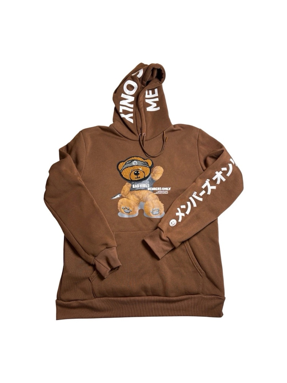 Members Only Teddy Bear Patch BAD VIBES Brown Hoodie Size Medium